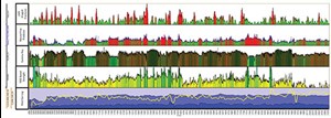 Fig. 3. Marcellus shale well log. Starting at bottom, tracks are 1) mud gas log, 2) RockMSE, 3) gamma ray, 4) natural fracture prediction, 5) LWD-imaged fractures.