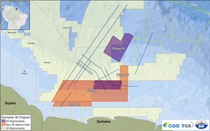 Map showing location of different phases of the Suriname 3D survey (image courtesy of CGG Earth Data).